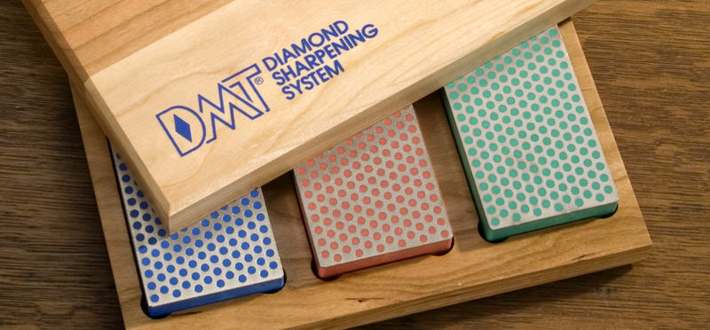 Three grit DMT diamond sharpening stone set in cherry box 